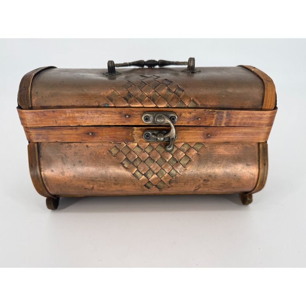 Vintage Copper Dome Lid Trinket Box Wood Band Rustic Jewelry Chest Footed Basket